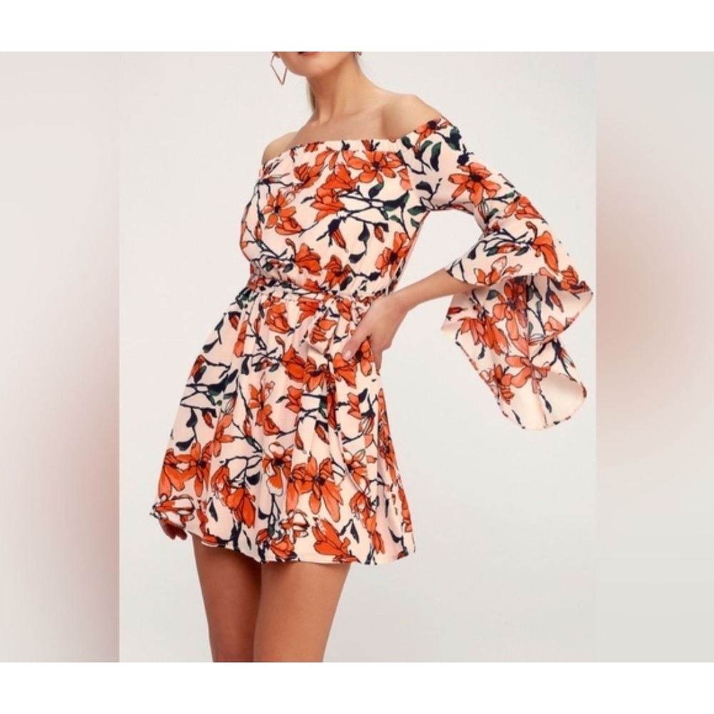 Lulus Blushing Blooms Floral Off Shoulder Mini Dress Womens S Nude Boho Romance